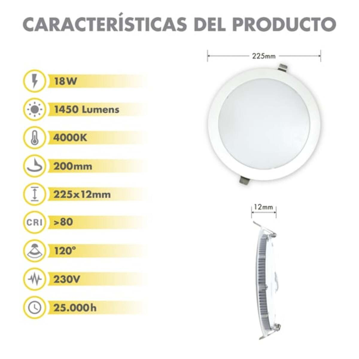 Diagrama de especificaciones del producto de una luz de techo redonda, que muestra dimensiones y datos técnicos.