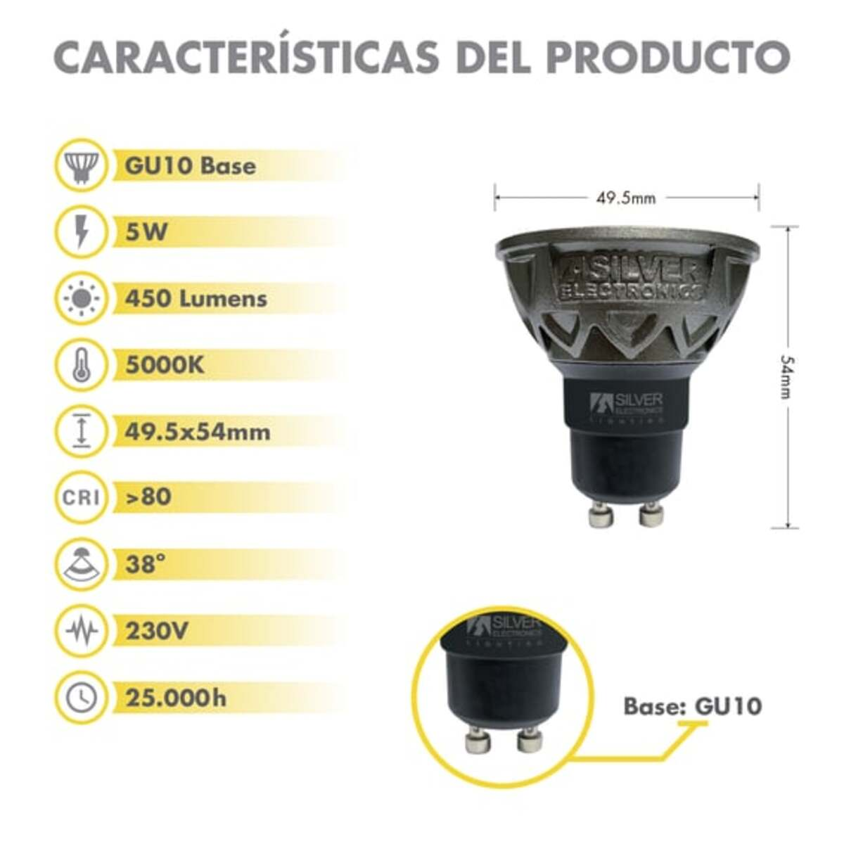 Un primer plano de una bombilla con especificaciones y dimensiones.