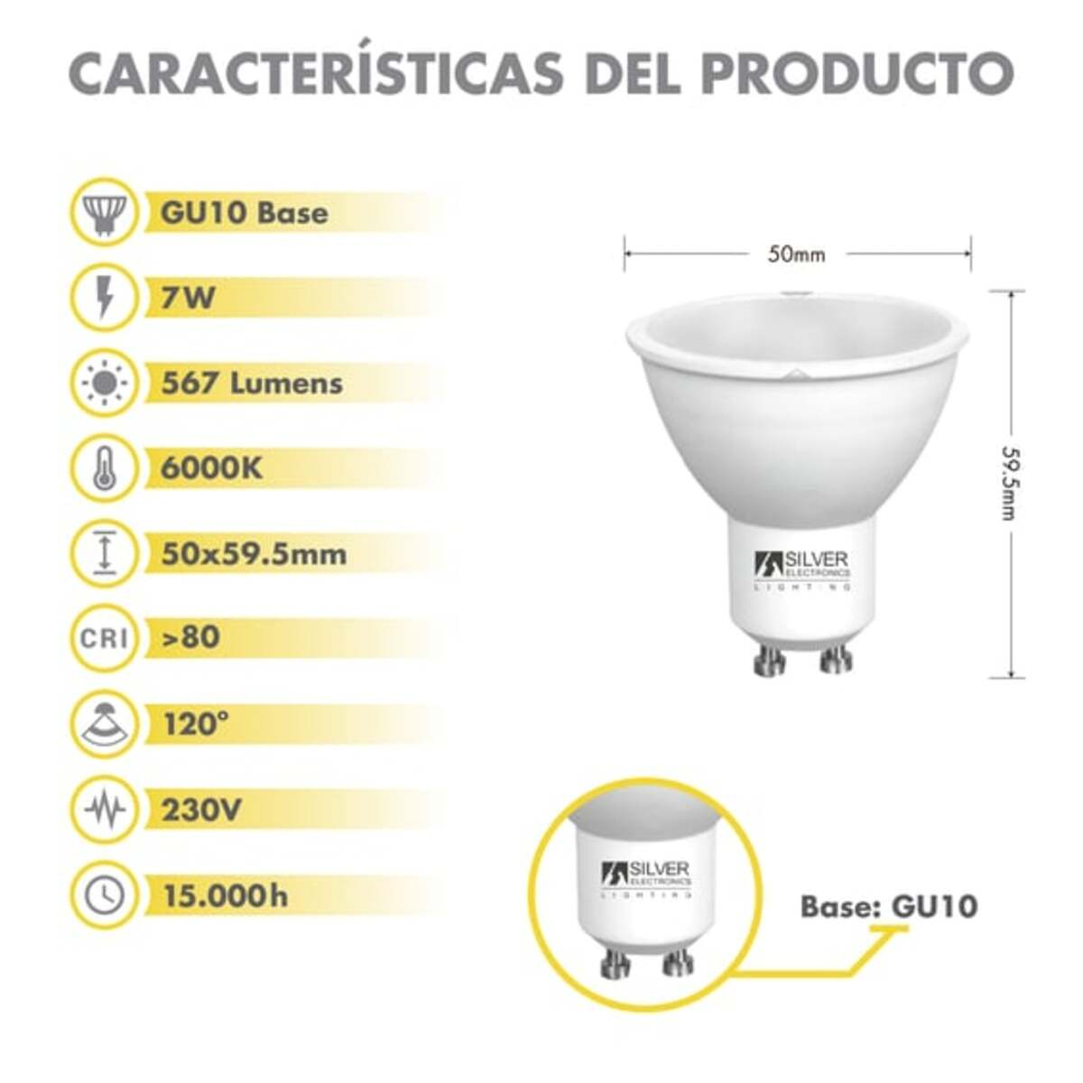 Una bombilla de foco blanca con especificaciones y el logo de Silver Electronics.