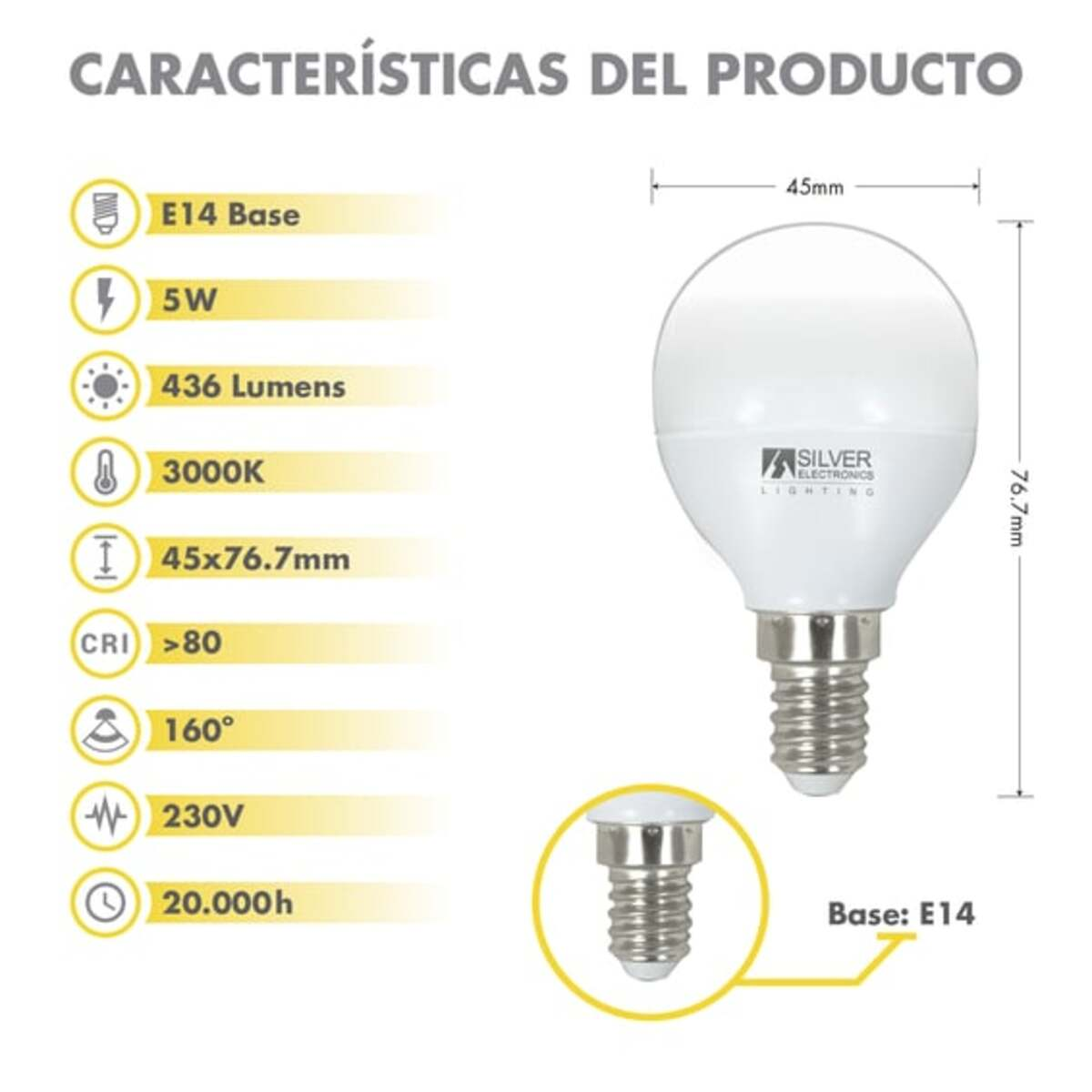 Bombilla blanca con dimensiones y especificaciones en el lado izquierdo.