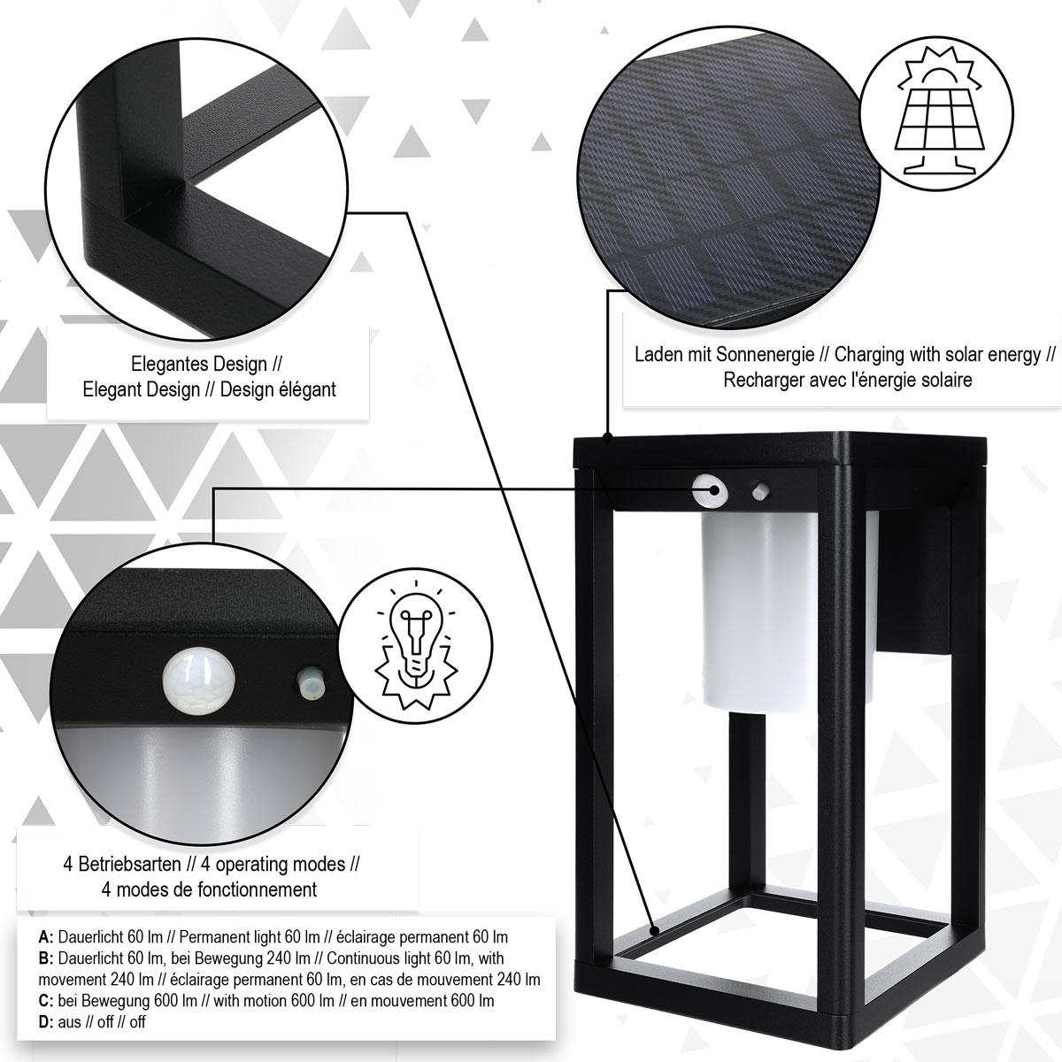 KIOM Reykja 80 cm schwarz 11033 Dauerlicht Bewegungsmelder Wegeleuchte + Solar warmweiß