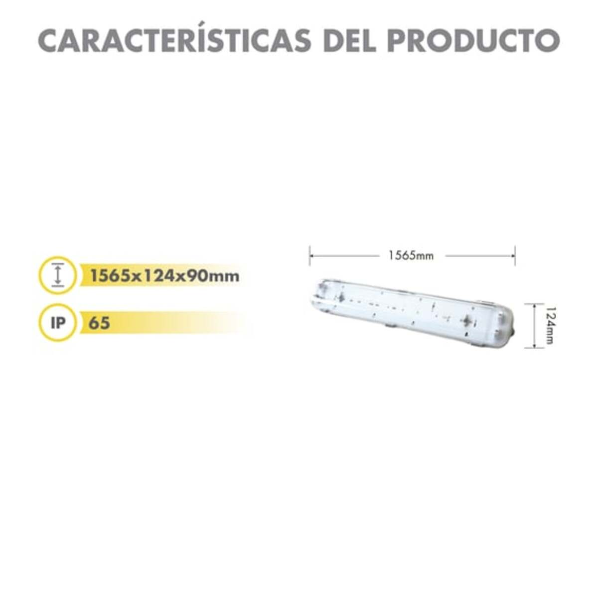 Etiqueta de características del producto con dimensiones y clasificación IP65, y una luz larga.
