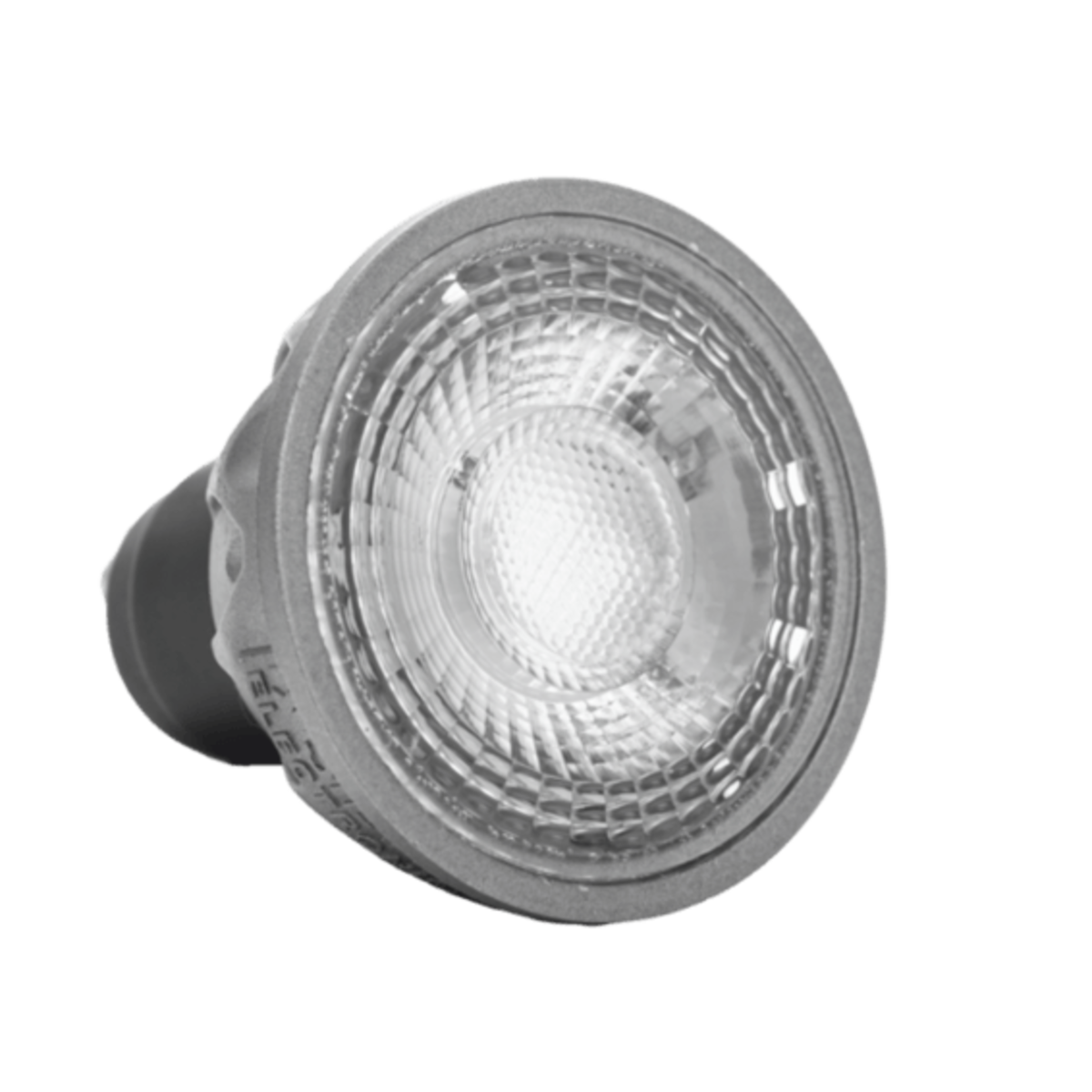 Un primer plano de una bombilla LED GU10, que muestra los componentes internos de la bombilla.