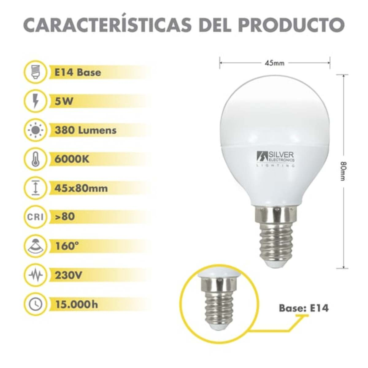 Bombilla redonda blanca con base plateada e información del producto.