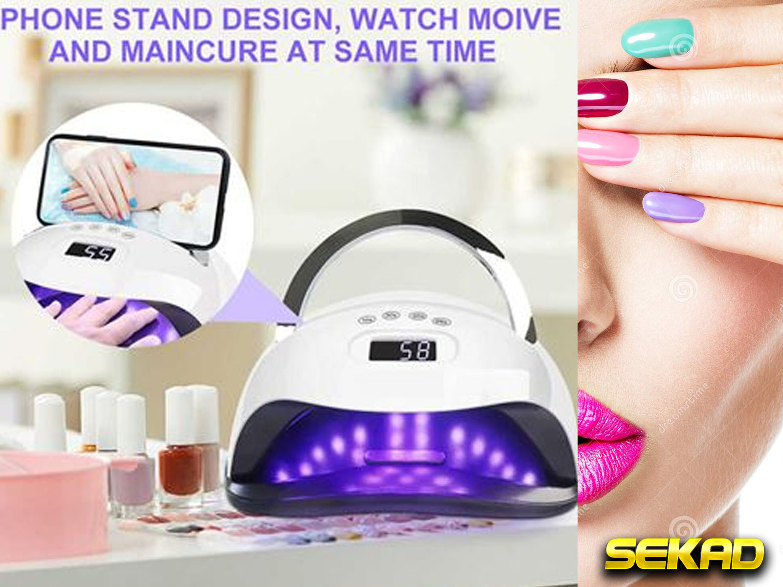 Lámpara de uñas blanca con soporte para teléfono, una mano con uñas pintadas.