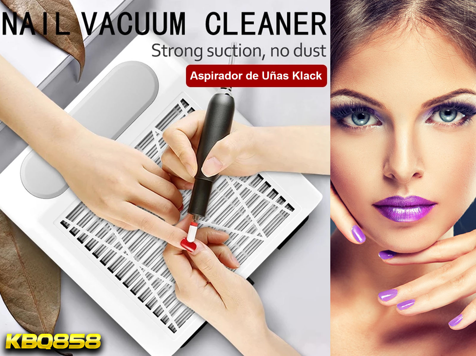 Manos de una mujer usando un aspirador de uñas. La cara de una mujer es visible a la derecha.