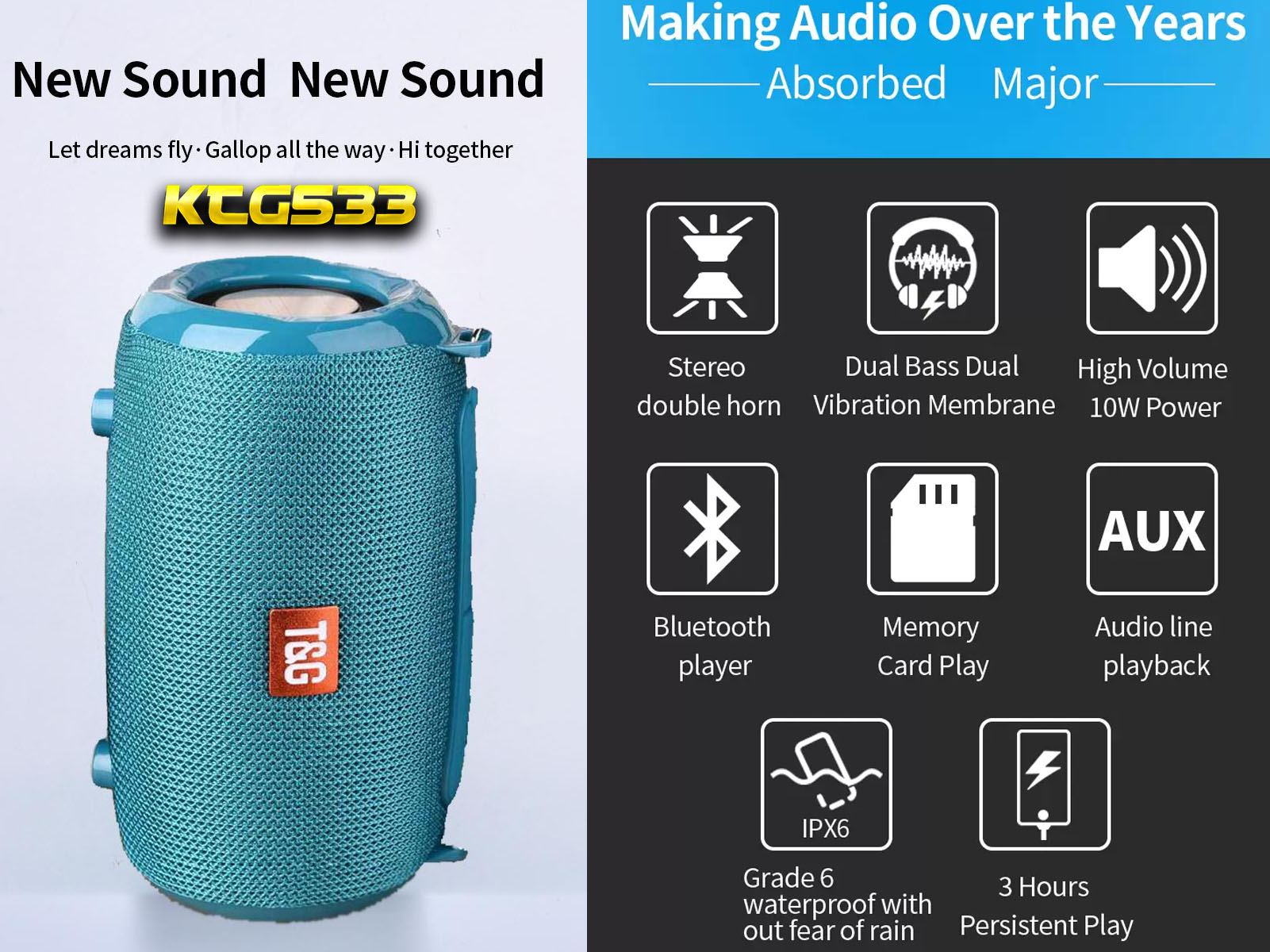Un altavoz portátil turquesa con marca, rodeado de iconos que resaltan sus características y especificaciones.