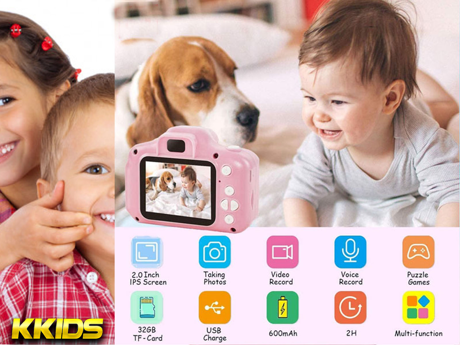 Cámara rosa para niños con pantalla. Niños y perro en el fondo, iconos abajo.