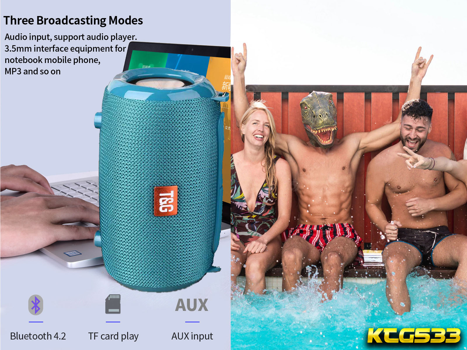 Un altavoz portátil con una laptop y personas disfrutando de la piscina. Bluetooth, tarjeta TF y entrada AUX.