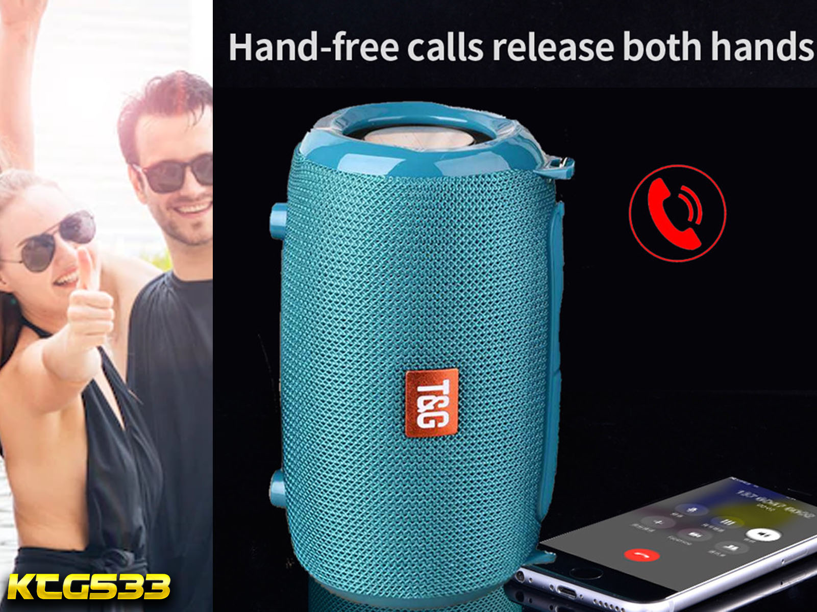 Un hombre y una mujer sonríen, con un altavoz color turquesa y un teléfono a la derecha.