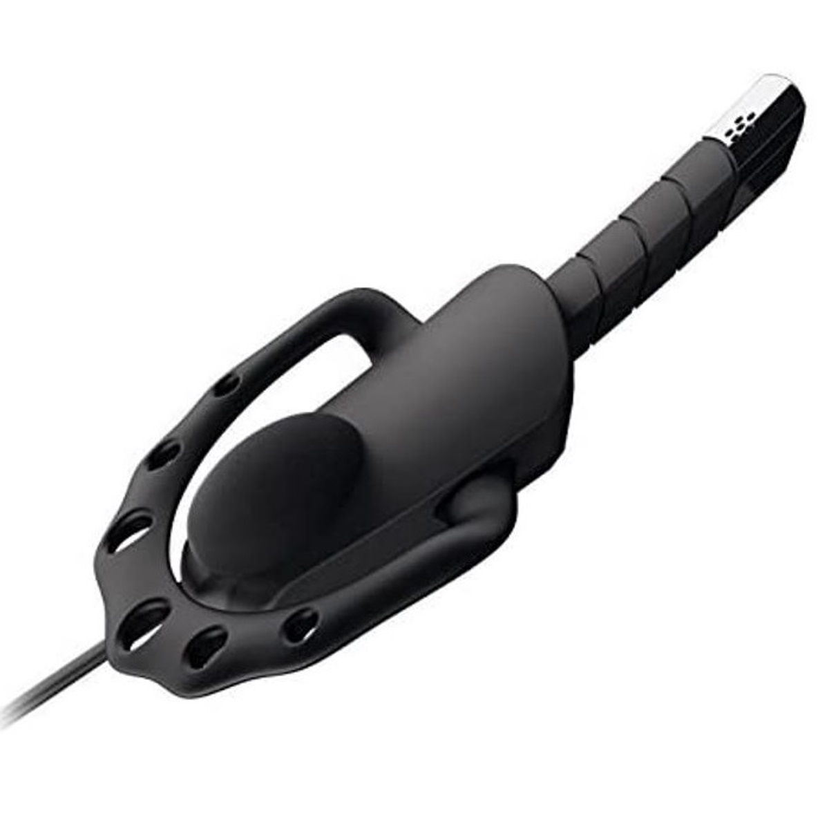 Czarny mikrofon ręczny z uchwytem i wieloma okrągłymi otworami, białe tło.