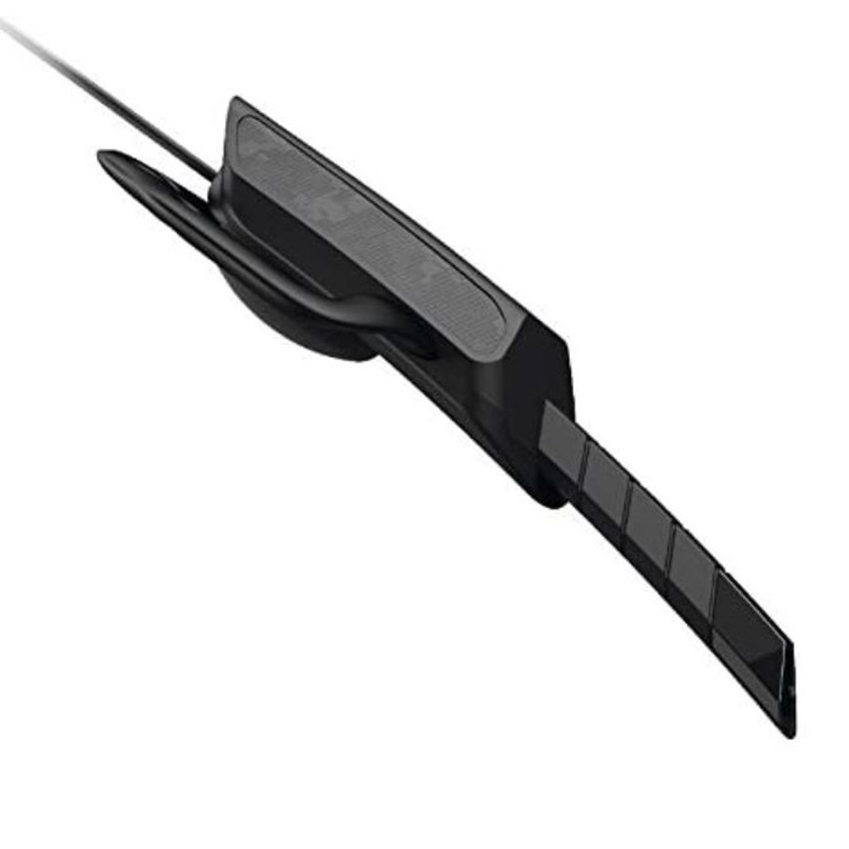 Czarny zestaw słuchawkowy z długim przedłużeniem i mikrofonem. Leży na białej powierzchni.