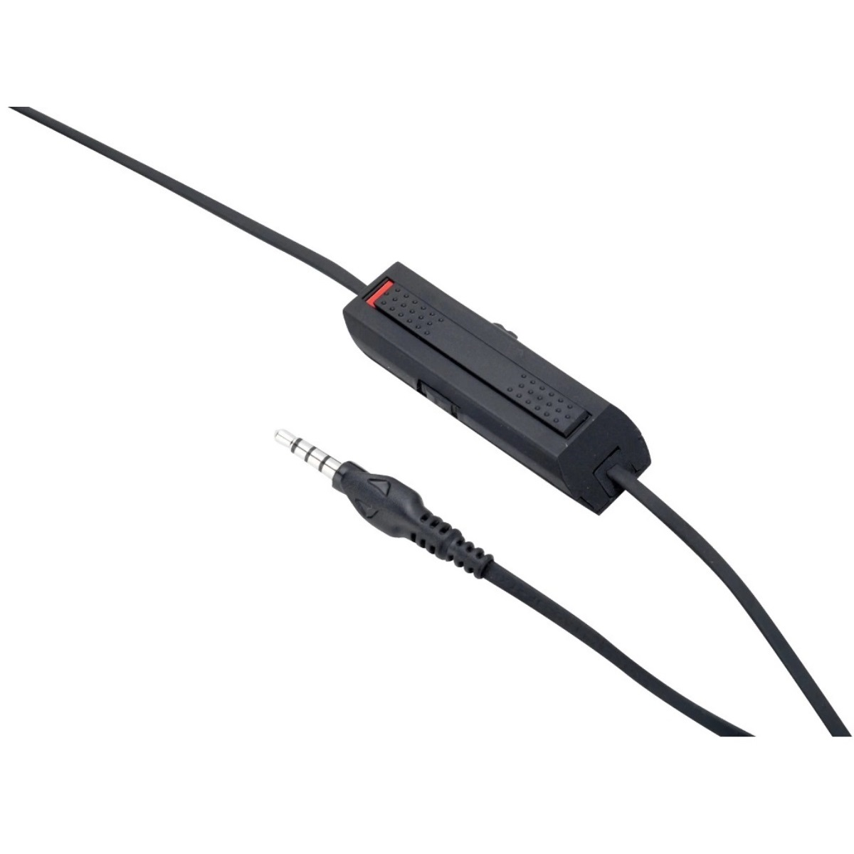 Czarny kabel z wbudowanym sterowaniem i gniazdem słuchawkowym.