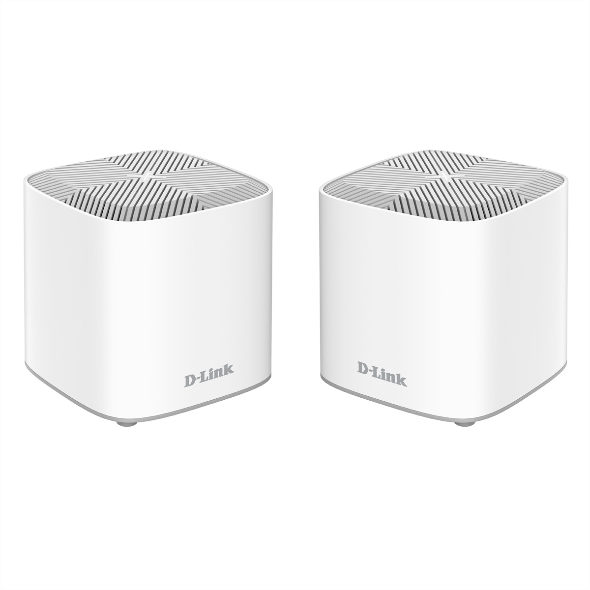 Due dispositivi mesh Wi-Fi D-Link bianchi con parte superiore a coste, su sfondo bianco.