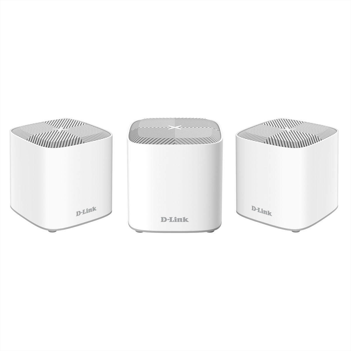 Trzy białe routery mesh D-Link na białym tle, widok pod kątem.