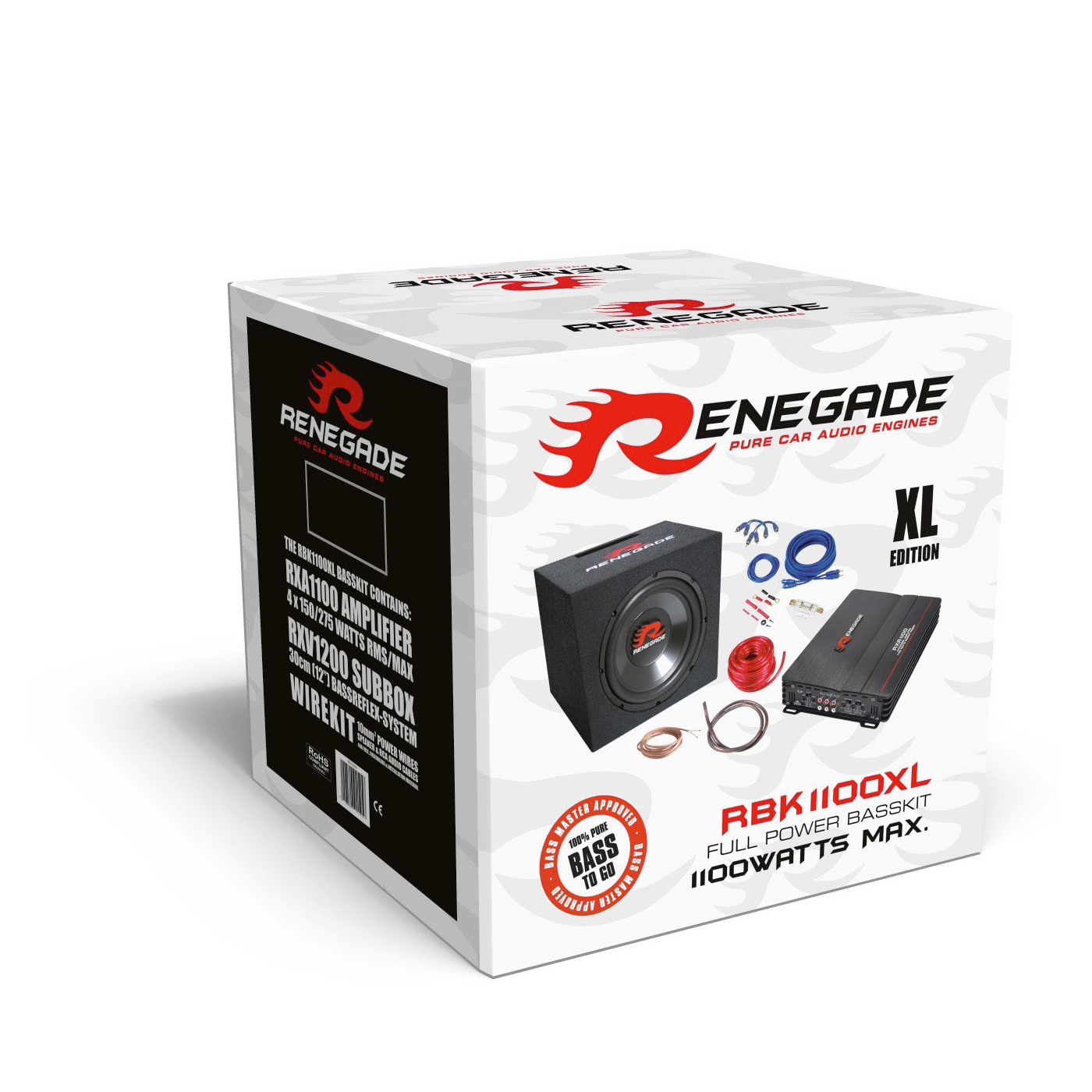 Weiße Box mit Subwoofer und Verstärker. Die Box trägt den Produktnamen und das Logo.
