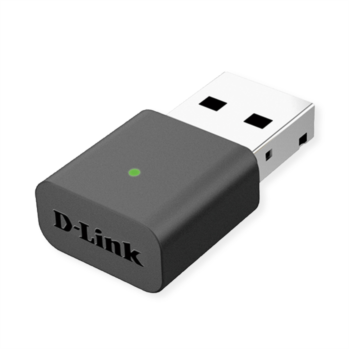 Ein D-Link USB-WLAN-Adapter, schwarz mit grünem Licht, auf weißem Hintergrund.
