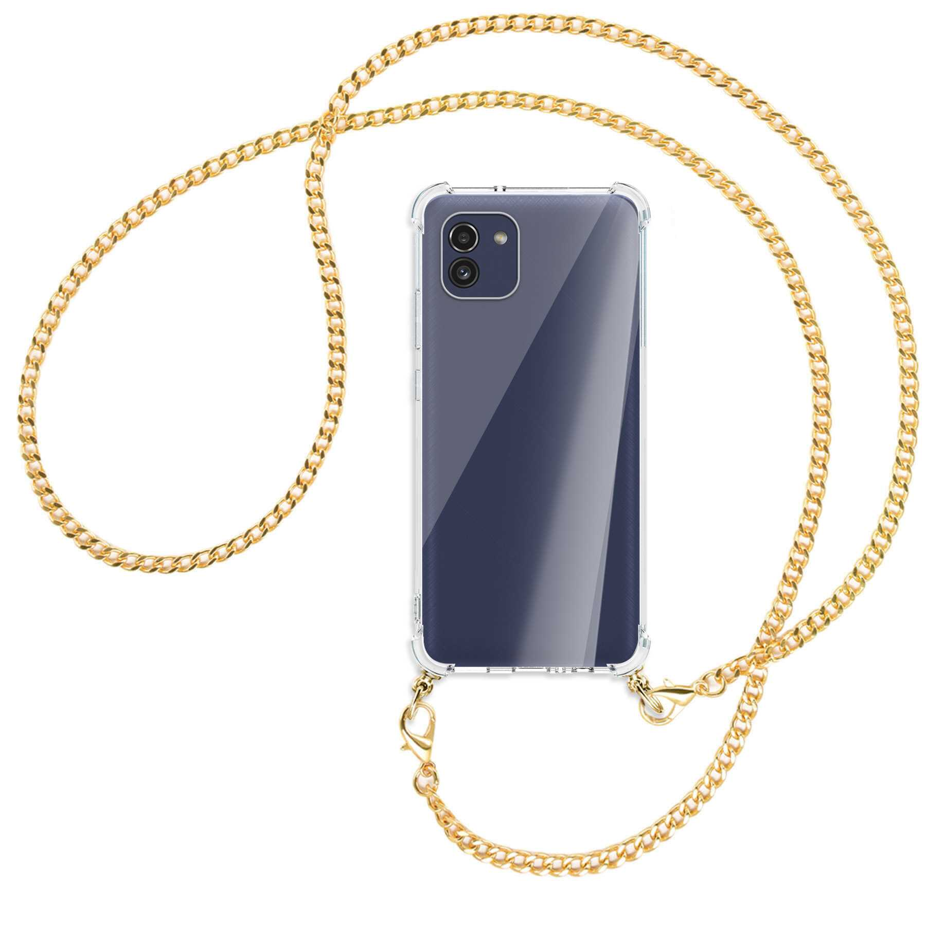 MTB Galaxy Samsung, Metallkette, Kette Backcover, mit MORE Umhänge-Hülle A03, ENERGY (gold)