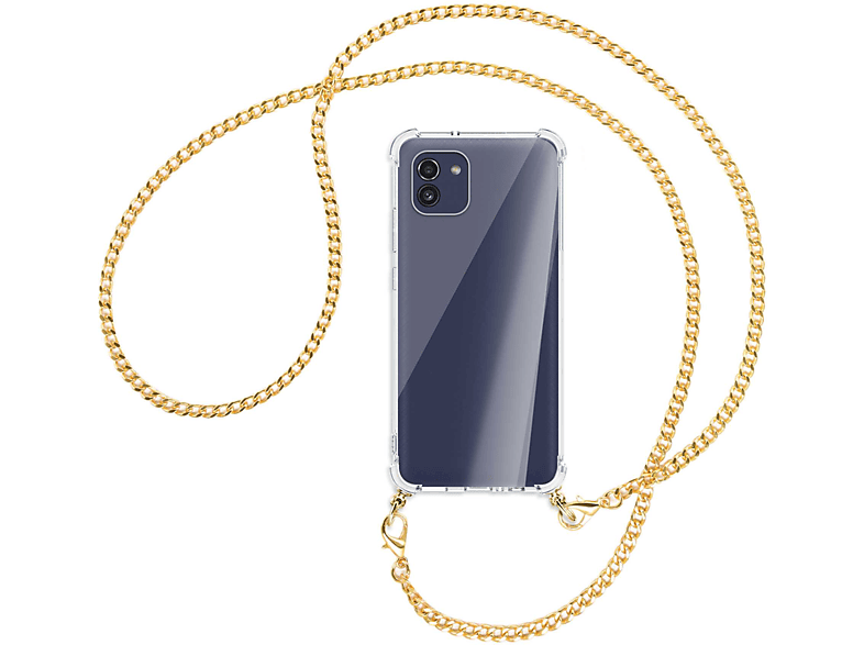 MTB Galaxy Samsung, Metallkette, Kette Backcover, mit MORE Umhänge-Hülle A03, ENERGY (gold)
