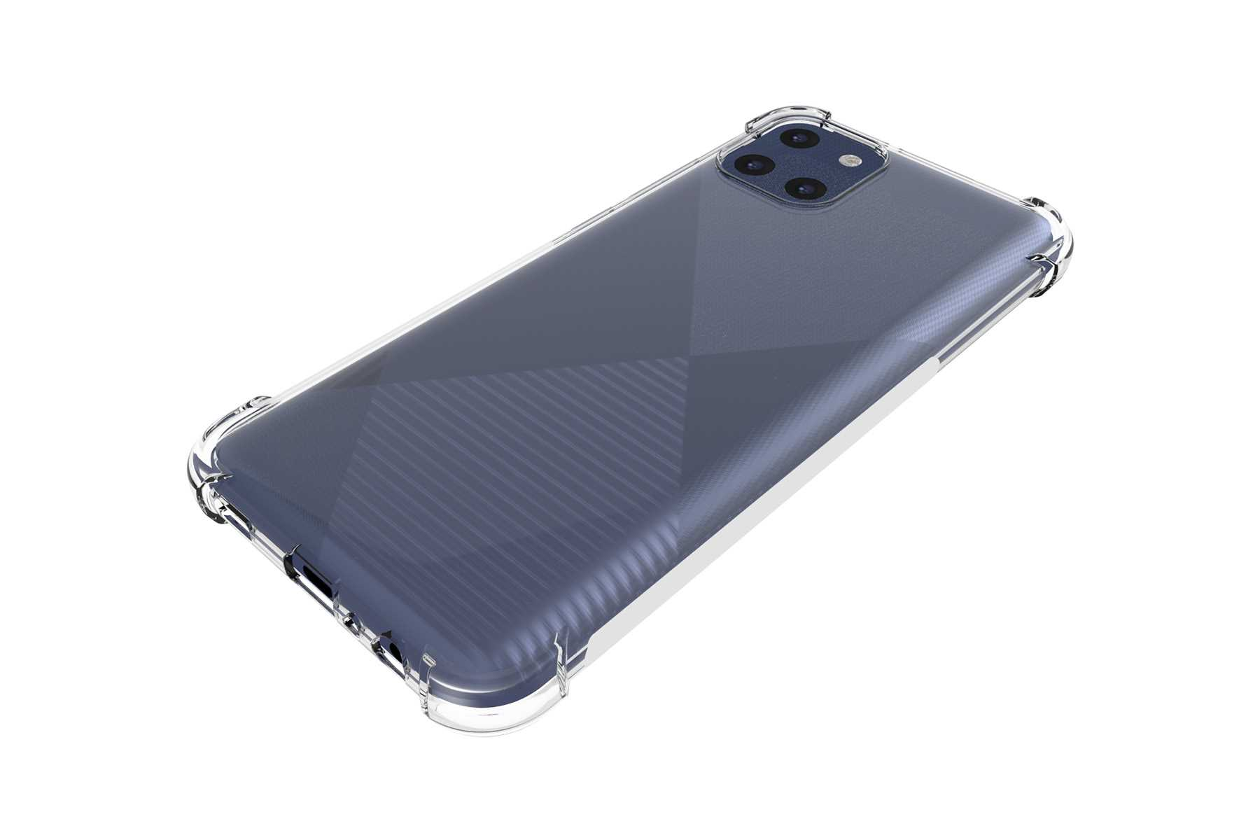 Transparente Handyhülle auf einem Telefon mit blauem Rücken.