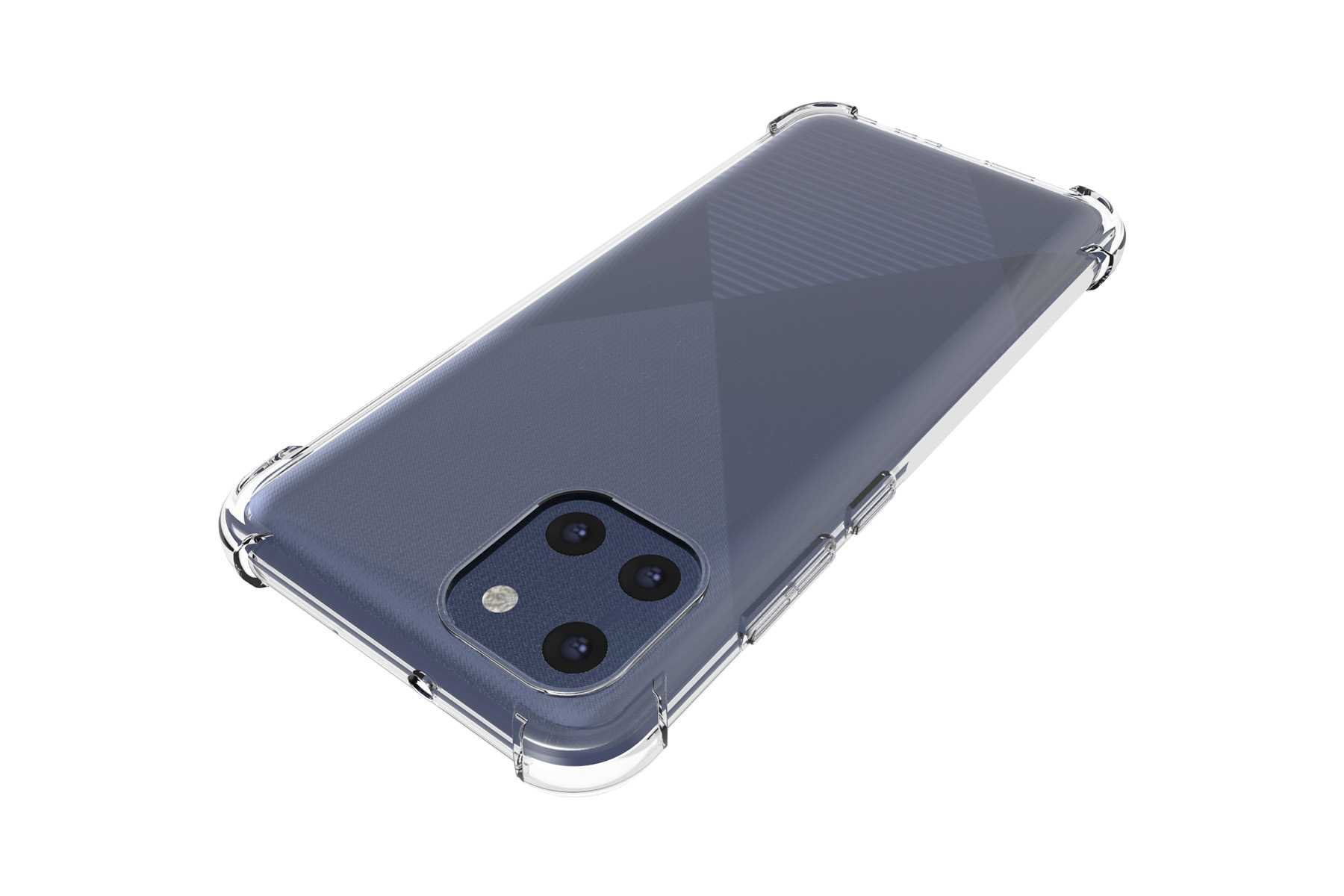 Eine transparente Handyhülle auf einem dunkelblauen Telefon, das die Kamera zeigt.