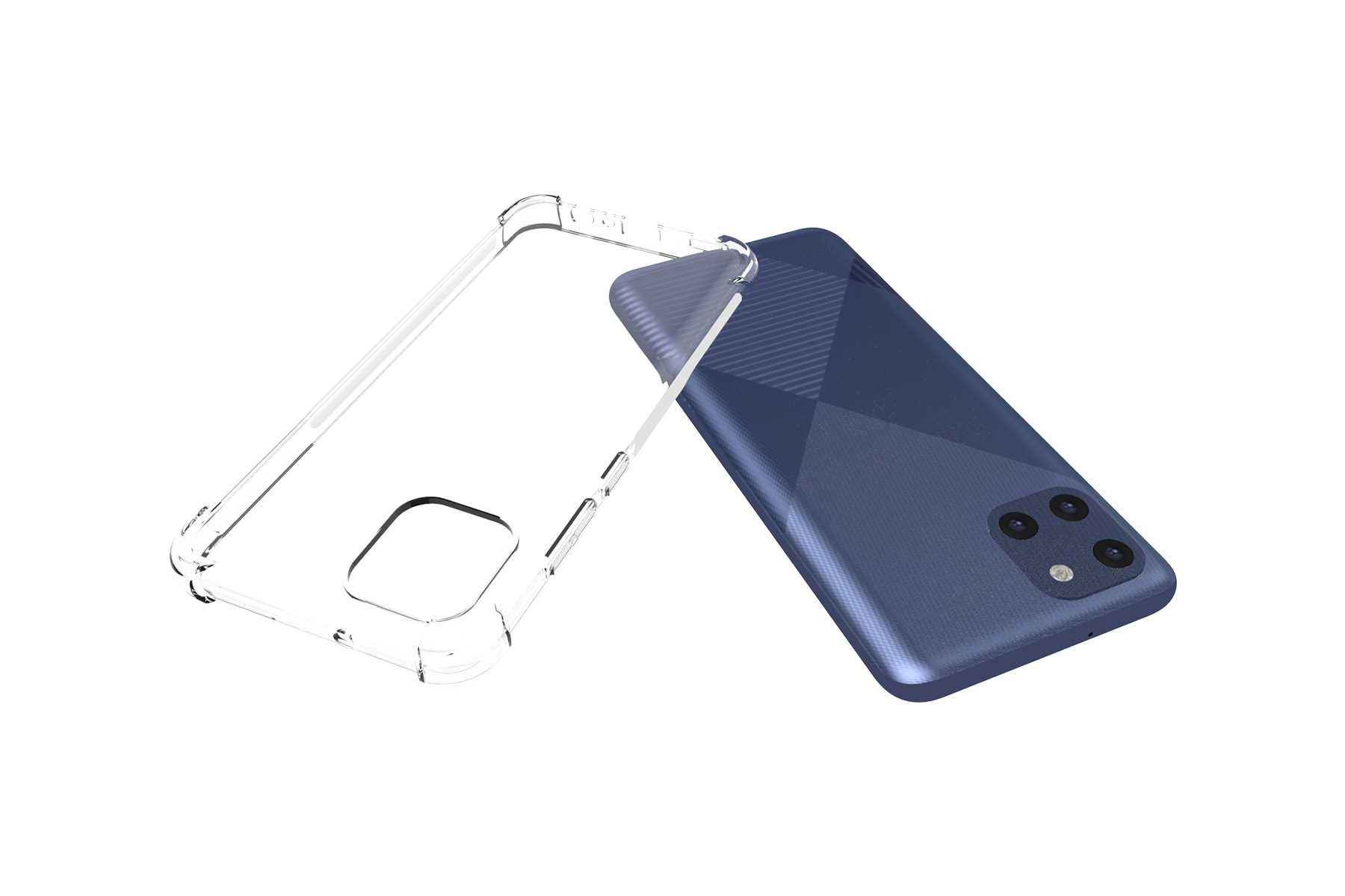 Eine transparente Handyhülle neben einem blauen Smartphone, zeigt Kamera und Tasten auf Weiß.