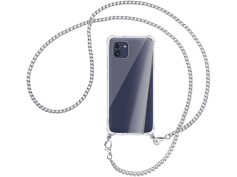 Samsung, Metallkette, Umhänge-Hülle A03, ENERGY Kette mit MORE Galaxy Backcover, (silber) MTB