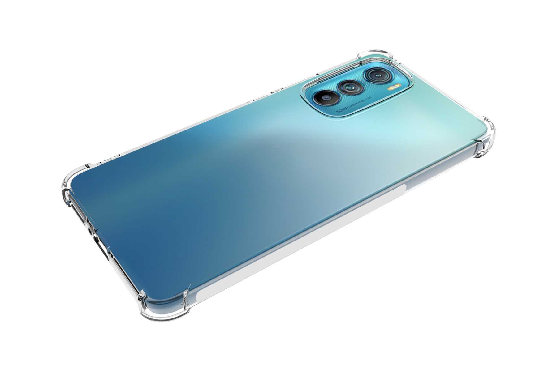 Transparente Handyhülle auf einem Handy, blauer Farbverlauf, weißer Hintergrund.