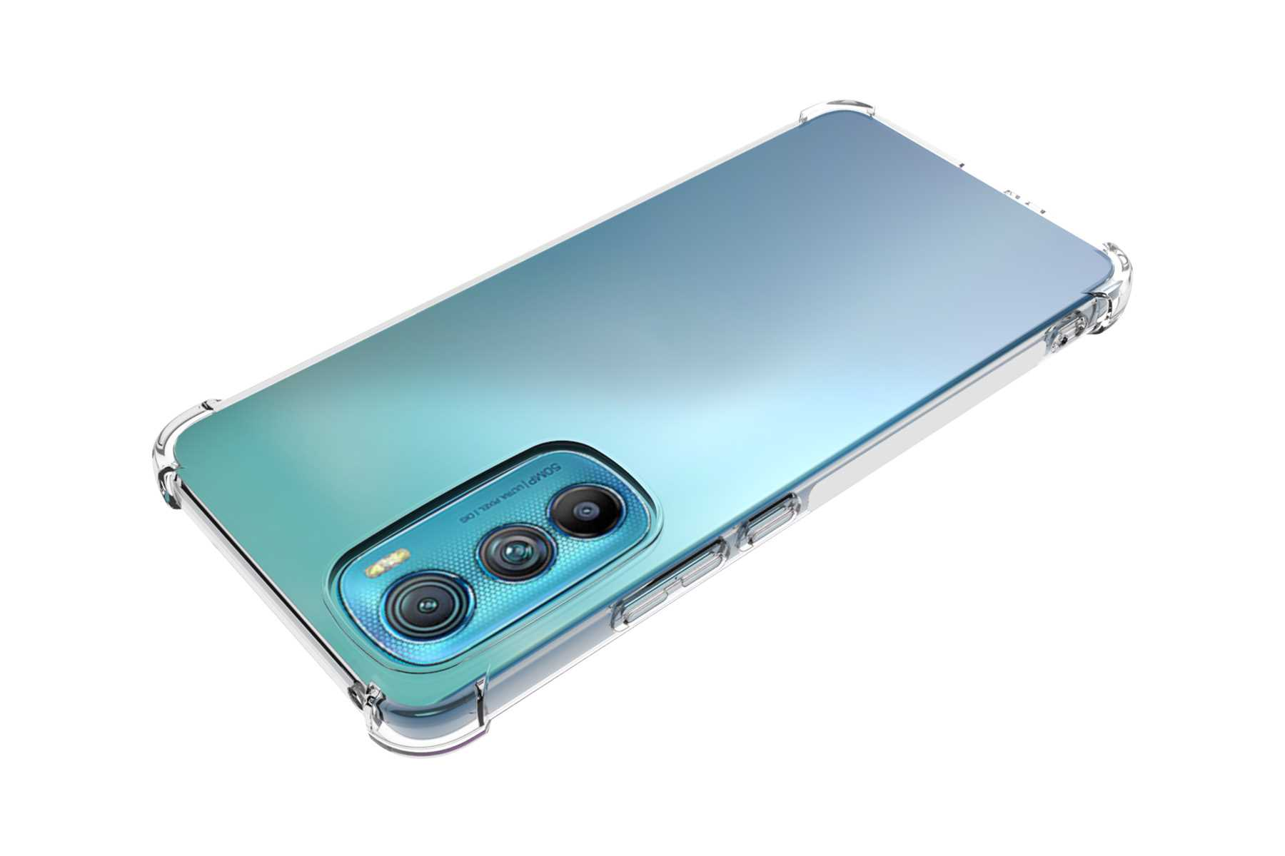 Smartphone mit klarer Hülle, zeigt seine Rückseite.