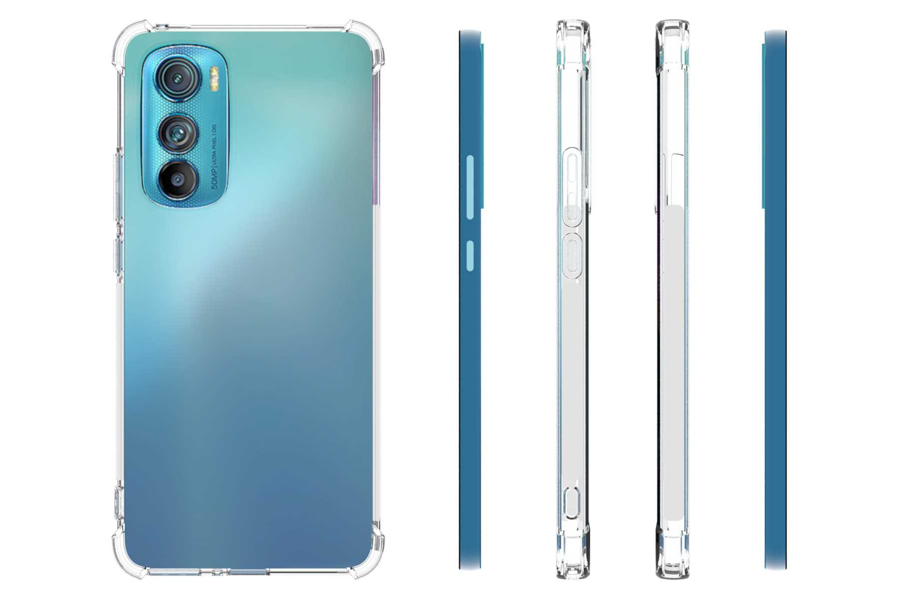 Transparente Handyhülle auf einem Handy, verschiedene Seitenansichten. Telefon hat mehrere Rückkameras.