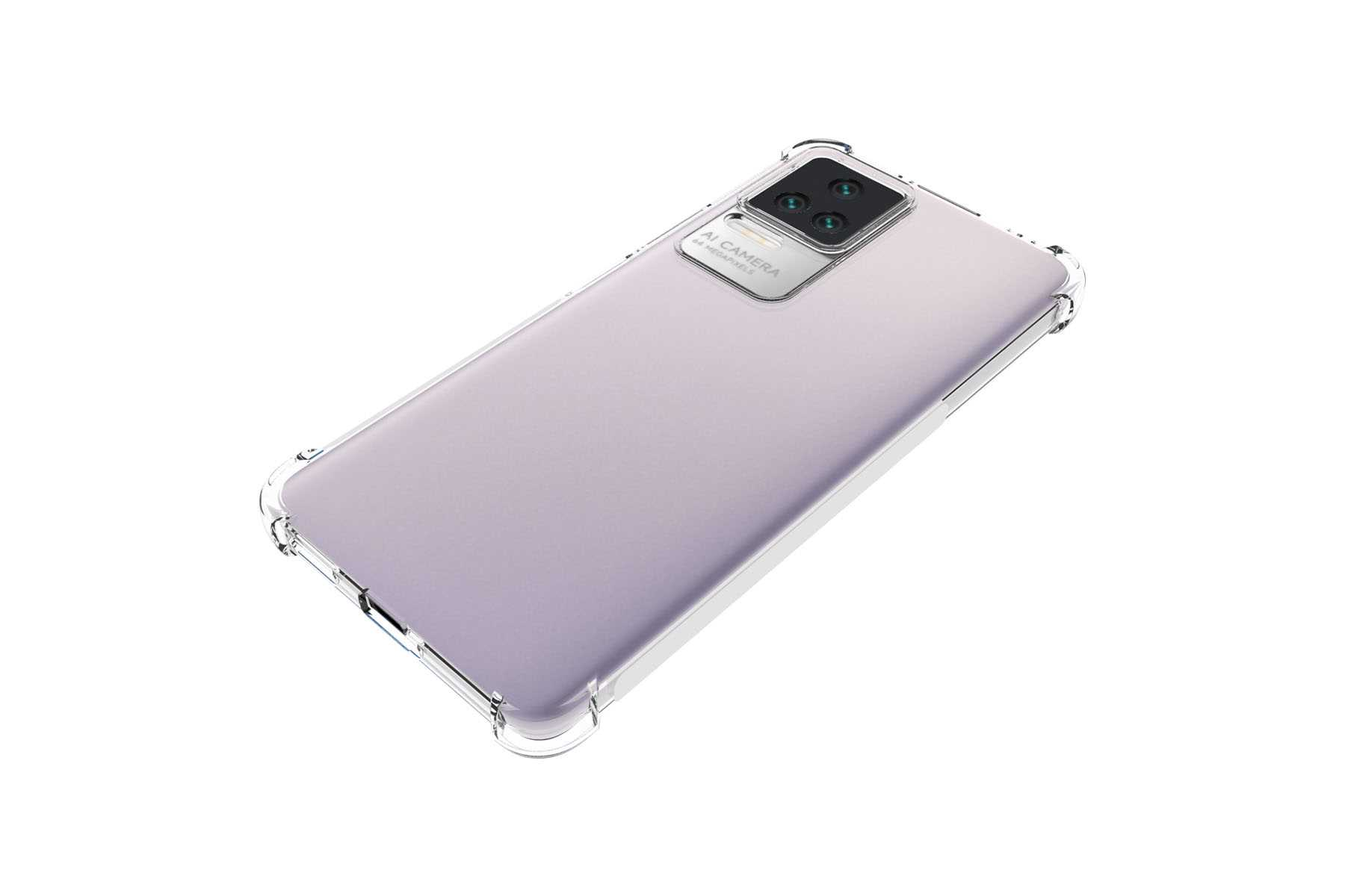 Ein hellviolettes Smartphone in einer transparenten Schutzhülle, auf weißer Oberfläche.