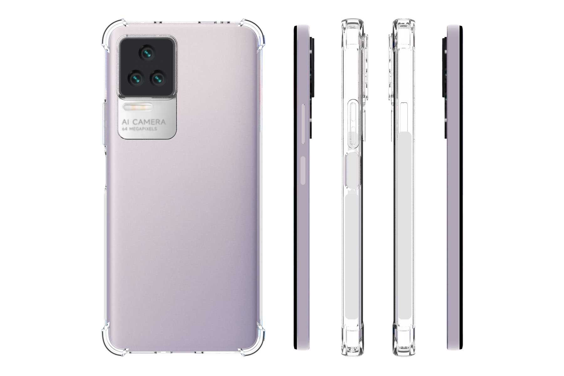 Telefonhülle mit Kameramodul und Seitenprofilen. Transparente Hülle mit lila Telefon darin.