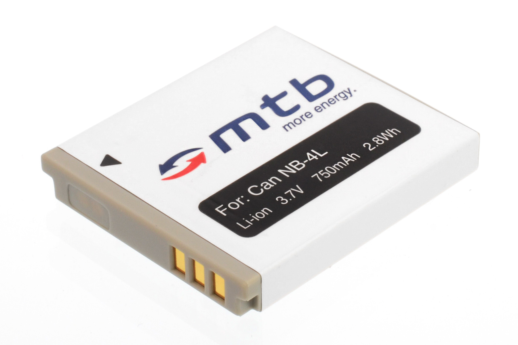 Ein weiß-grauer Kameraakku mit der Aufschrift 'mtb' und Spezifikationen für Can NB-4L, Li-ion 3,7 V, 750 mAh.