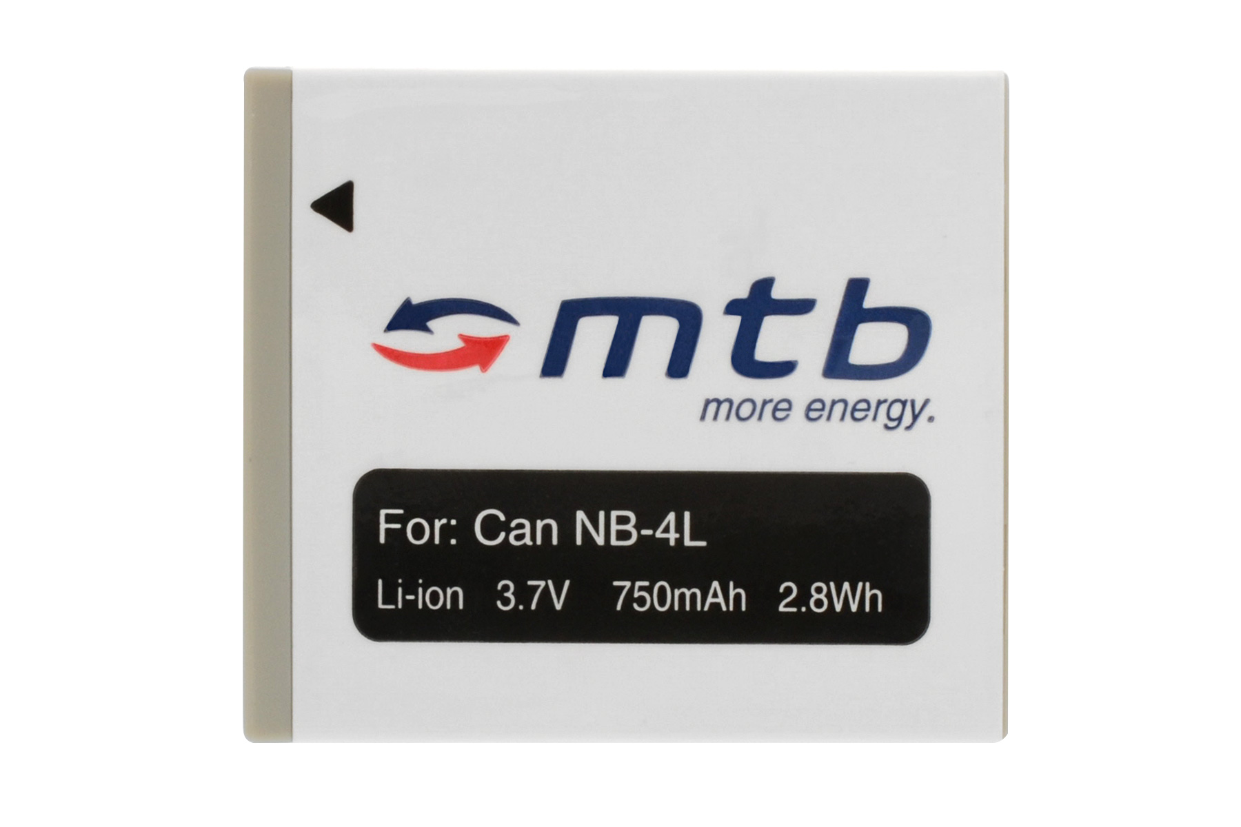 Weiße und graue Batterie. Text: Für Can NB-4L, Li-Ion 3,7V 750mAh 2,8Wh. Schwarzer Pfeil oben links.