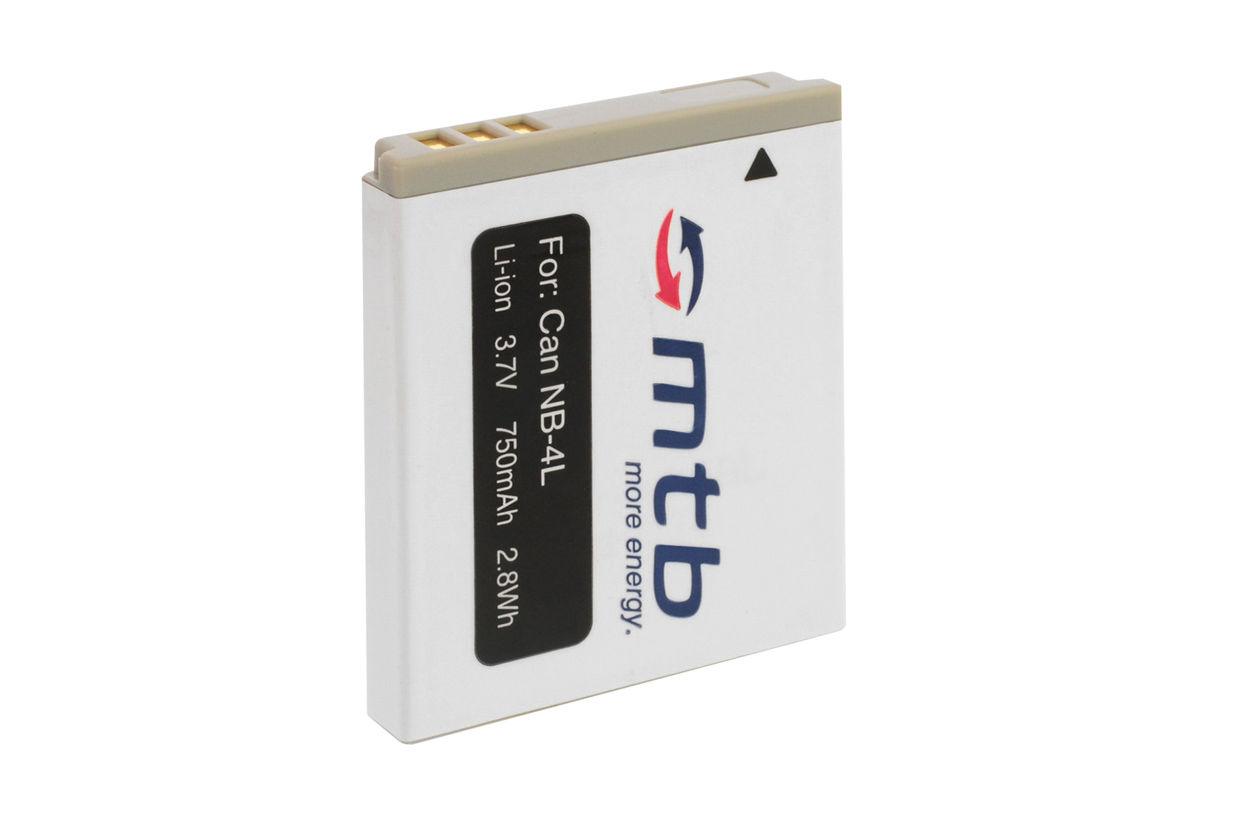 Weiße und graue Batterie für Can NB-4L, mit schwarzem Text und einem roten Pfeillogo.