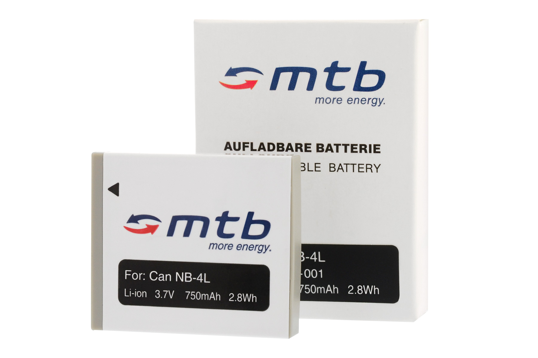 Weiße Box und Akku. Auf der Box steht 'mtb more energy'. Auf dem Akku steht 'For Can NB-4L'.