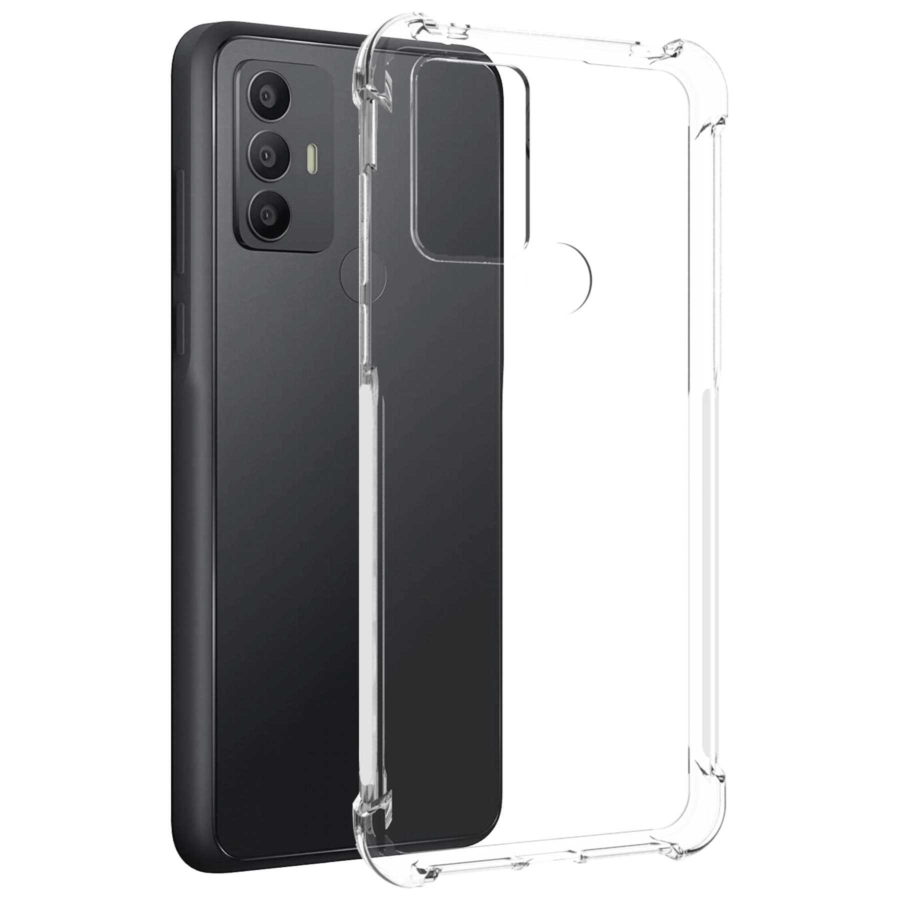 Schwarzes Smartphone mit transparenter Hülle, mit Kameralinsen.