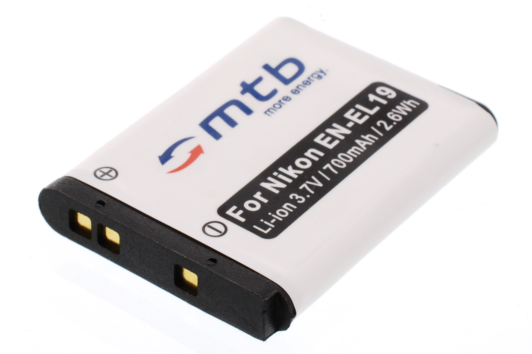 Eine weiß-schwarze Batterie mit der Aufschrift 'For Nikon EN-EL19 Li-ion 3.7V/700mAh/2.6Wh'.