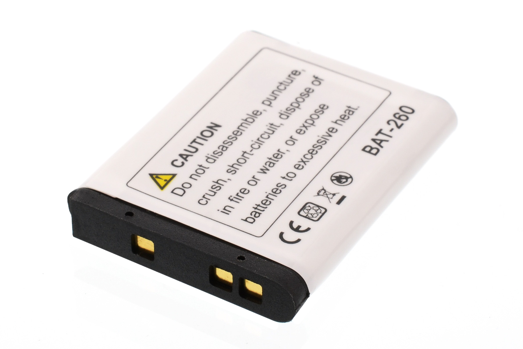Eine weiße Batterie mit schwarzen Enden und einem Warnhinweis.