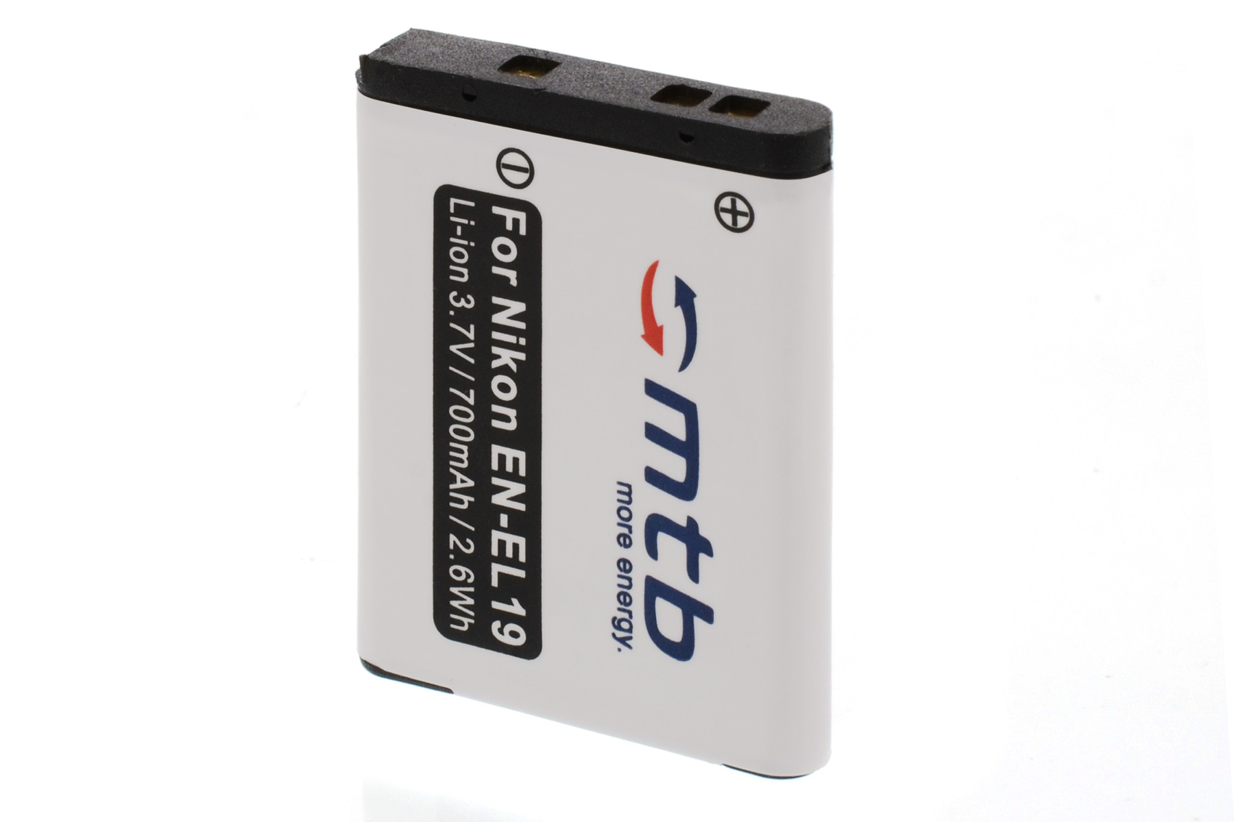 Eine weiße Batterie mit schwarzem Text, der 'For Nikon EN-EL19' und ein Logo zeigt.