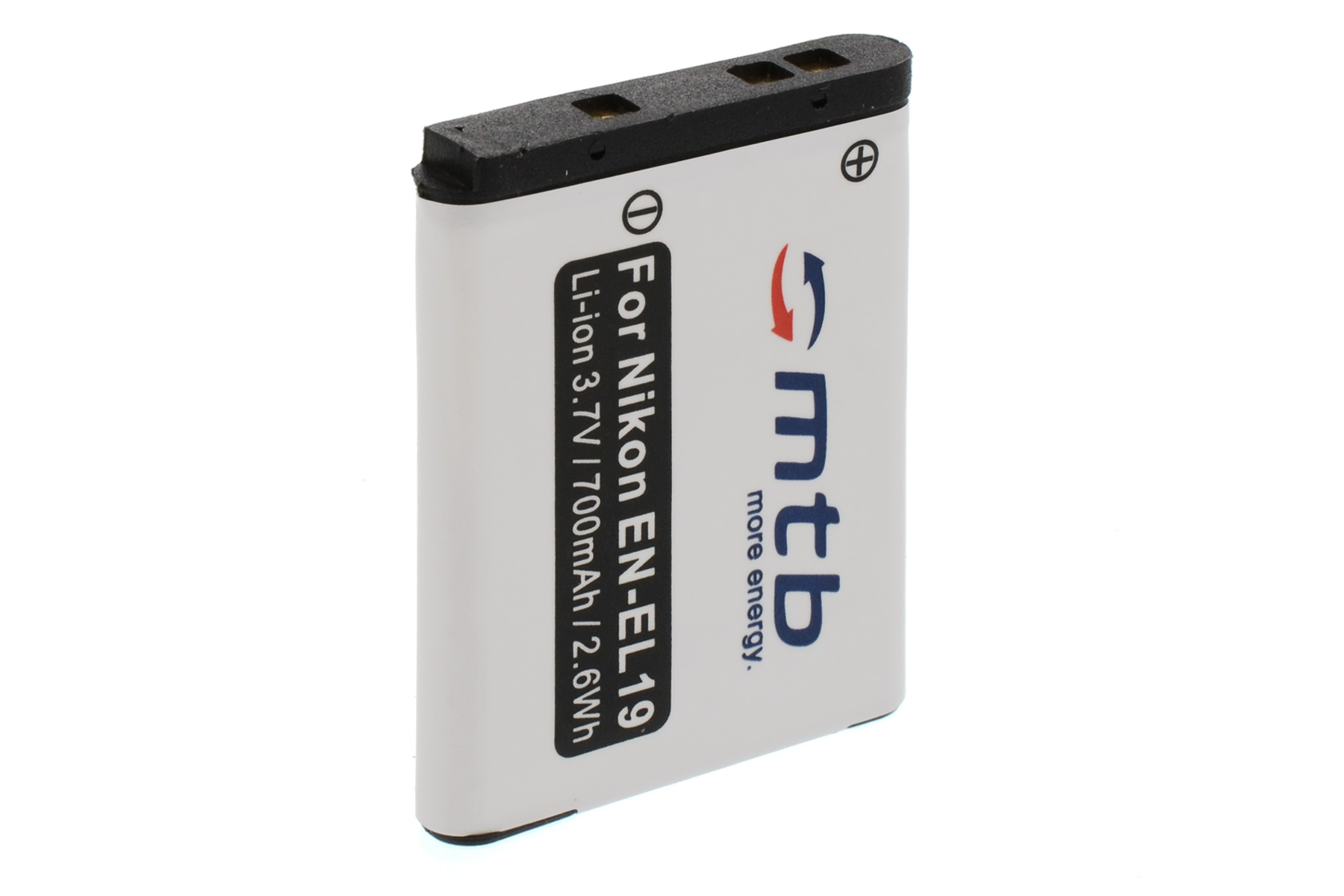 Eine weiße Batterie mit schwarzem Text und einem schwarzen Oberteil. Es ist eine Nikon EN-EL19 Batterie.