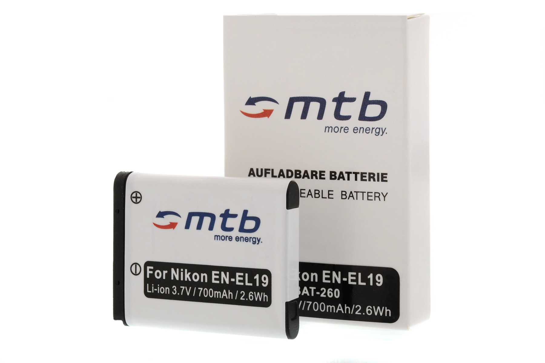 Weiße Batterie mit blauem Logo und Text: Für Nikon EN-EL19, Li-ion 3,7V/700mAh/2,6Wh, und Akku.