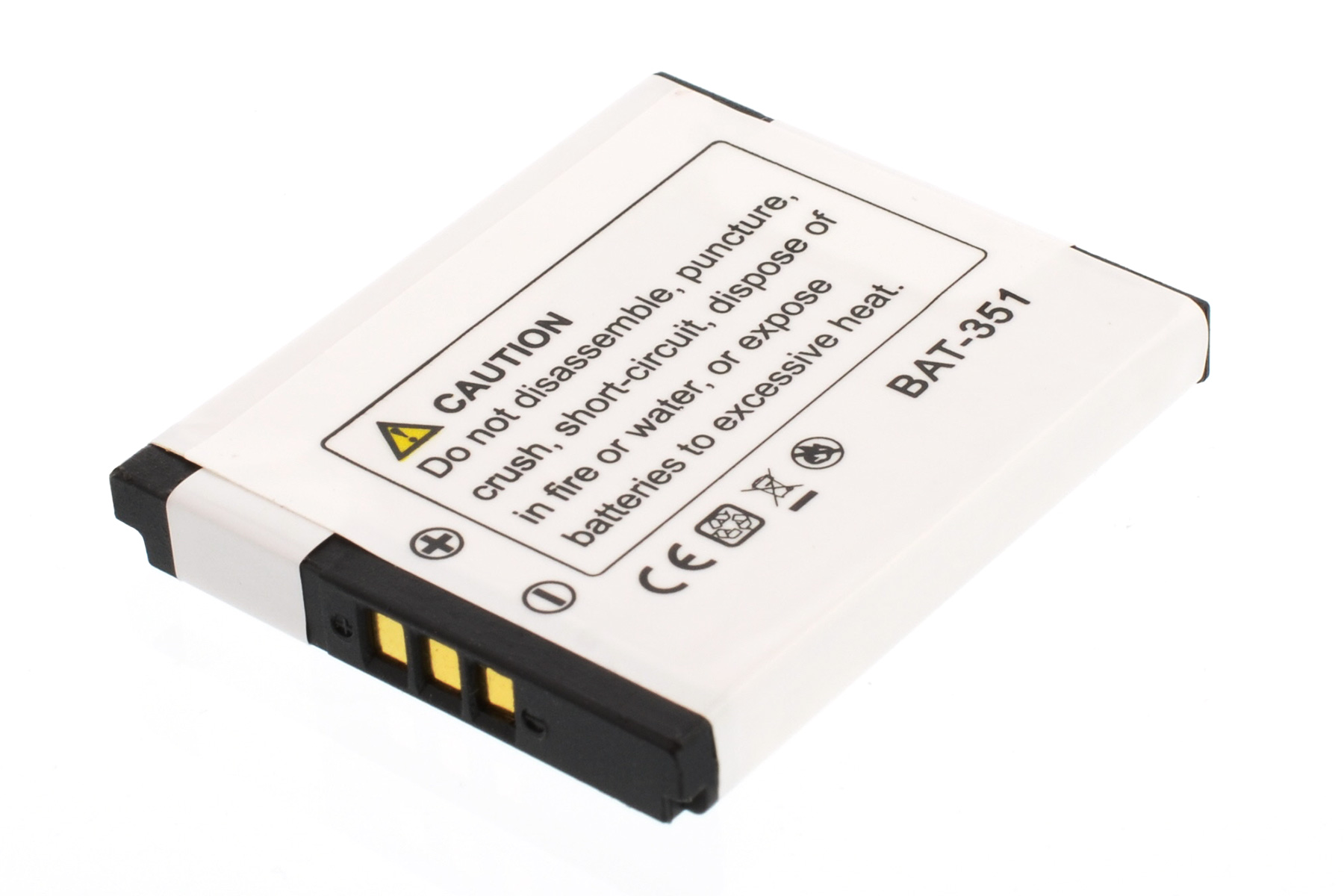 Weiße Batterie mit schwarzen Rändern und Warnhinweisen auf weißer Oberfläche.