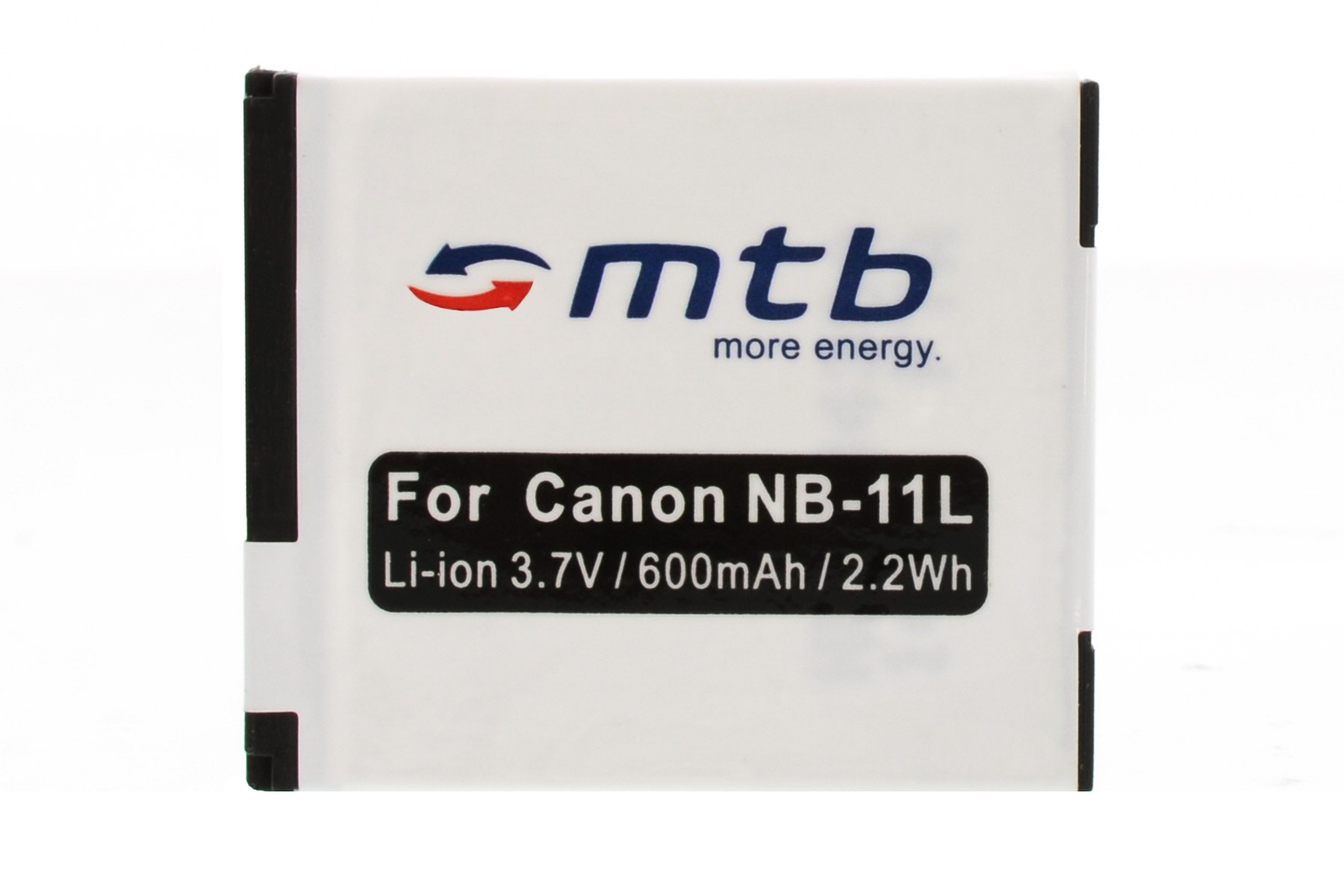 Weißes Akku-Pack mit schwarzen Details. Text: 'For Canon NB-11L', Logo 'mtb more energy'.