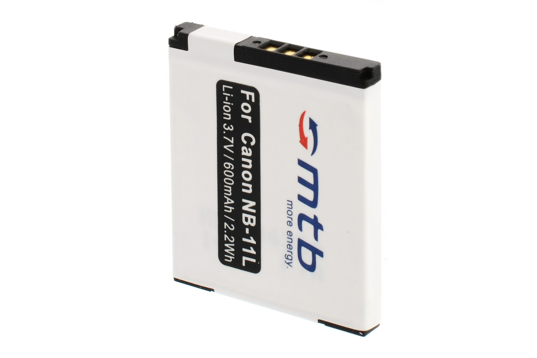 Eine weiße Batterie mit schwarzem Oberteil und blauem Text: "For Canon NB-11L".
