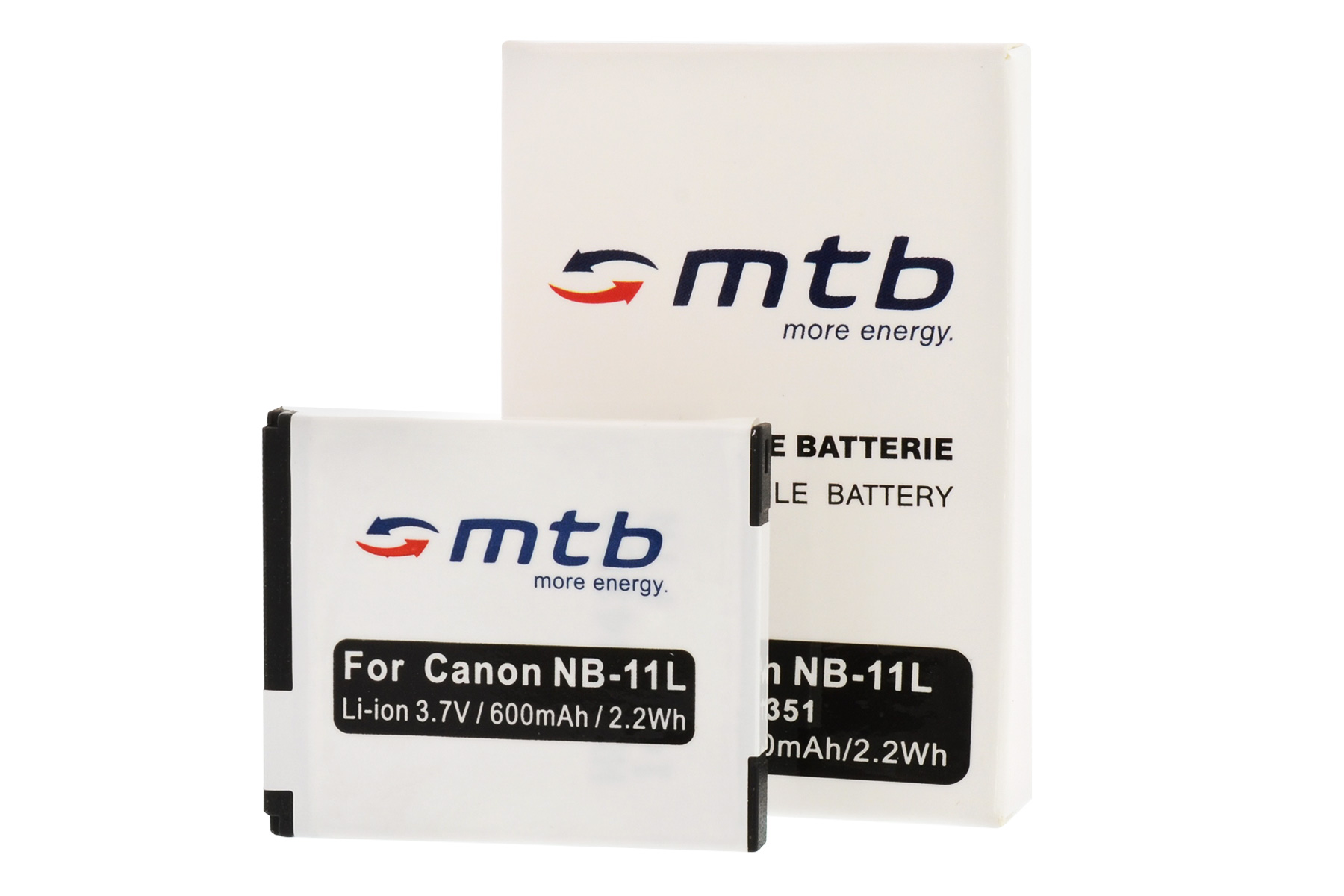 Zwei weiße und schwarze Batterien der Marke MTB und eine weiße Box mit MTB-Logo und Text.
