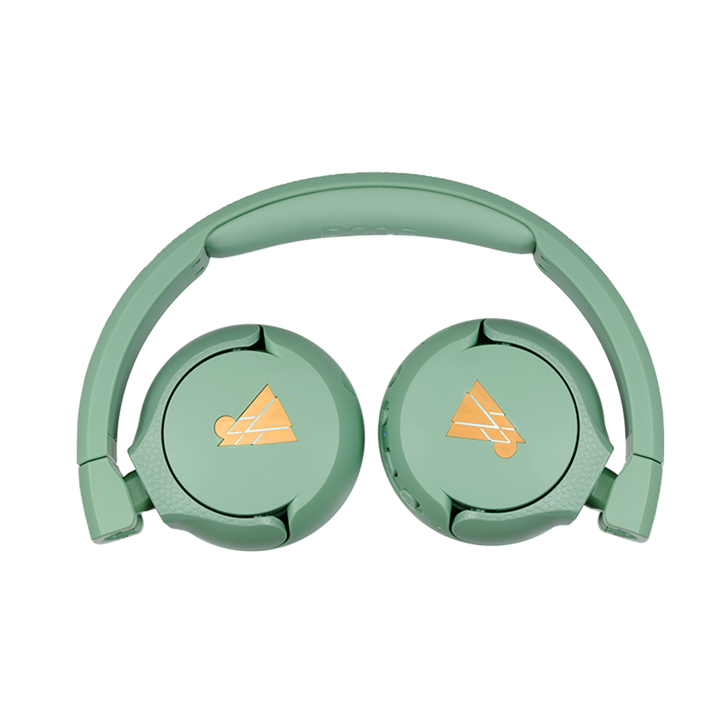 Grüne Kopfhörer mit orangefarbenen Logos. Sie sind zusammengeklappt, die Ohrmuscheln sichtbar.