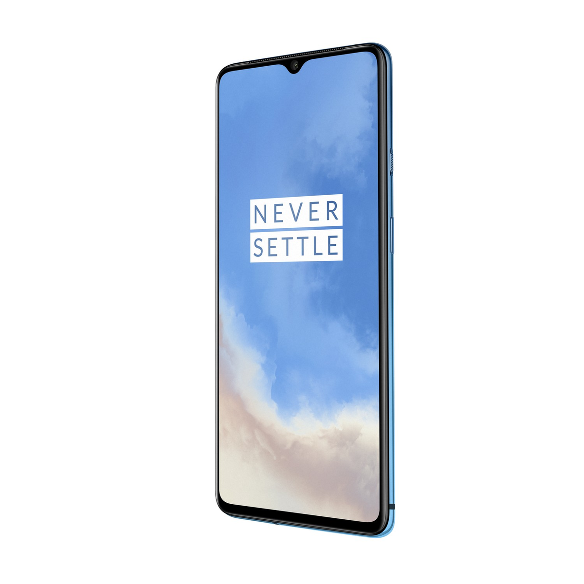 Blauwe smartphone met de tekst "NEVER SETTLE" op het scherm.