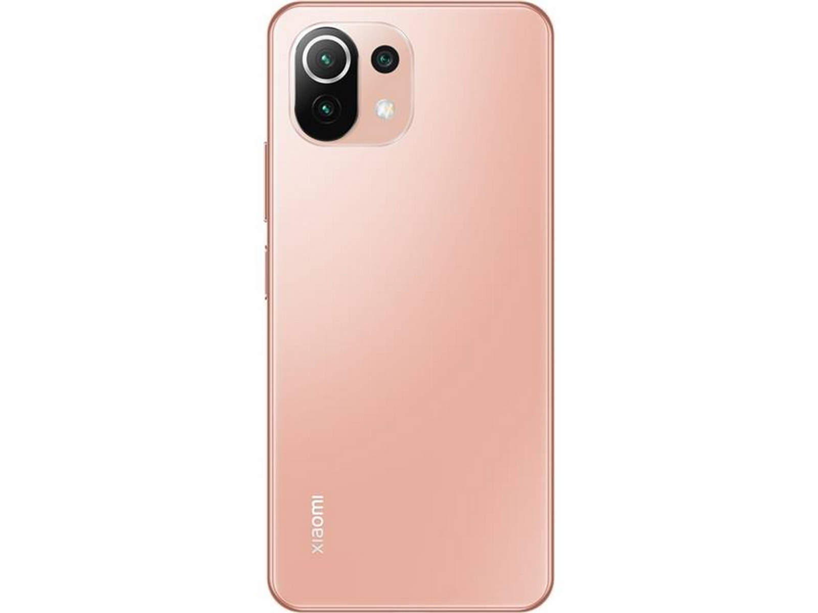 Die Rückseite eines pinkfarbenen Mobiltelefons mit Kameras und dem Xiaomi-Logo.