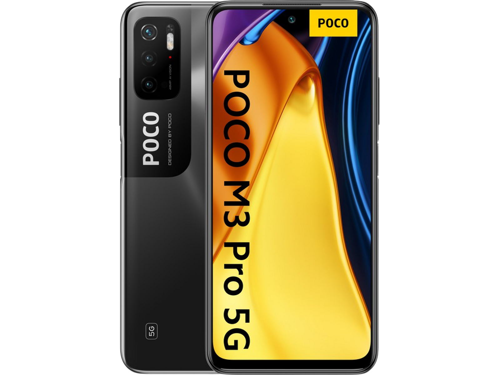 Czarny smartfon z tekstem POCO M3 Pro 5G, trzy kamery. Pomarańczowe i niebieskie tło.